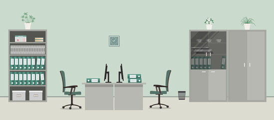 Office room in a gray color. There are desks, green chairs, cabinets for documents and other objects in the picture. Vector flat illustration