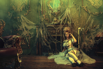 haggard lady in lingerie and rags