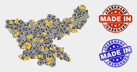 Mosaic technical Jharkhand State map and blue Made In textured seal. Vector geographic abstraction model for technical, or patriotic purposes.