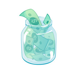 Glass jar with dollars. Financial investment concept. Save money in bank, banking security design. Cash savings in bottle. Charity, donation vector illustration template isolated white background.