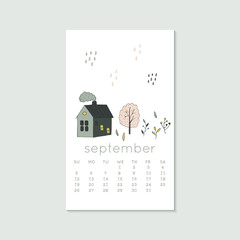 Cute design for calendar 2020, autumn months with house and tree. Week starts on Sunday. Vertical editable calender page template can be used for web, banner, poster and printable graphic