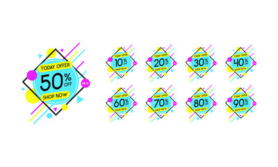 Sale tags set vector badges template, up to 10, 20, 90, 80, 30, 40, 50, 60, 70 percent off. Vector illustration