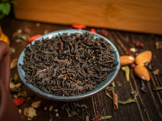 Preparation of the tea ceremony, tea in the bowl. Handmade cups