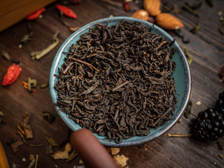 Preparation of the tea ceremony, tea in the bowl. Handmade cups