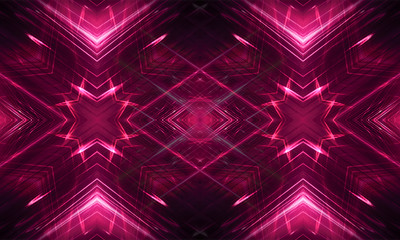 Dark abstract futuristic background. Neon lines, glow. Neon lines, shapes. Pink glow