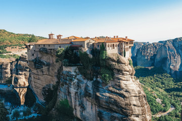 panorama of Meteora orthodox churches on the tops of rocks, monasteries on height, meteoric rocks, soaring in the air, Kalambaka, Thessaly, Greece
