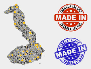 Mosaic technical Isabela Island of Galapagos map and blue Made In scratched stamp. Vector geographic abstraction model for mechanic, or political illustrations.