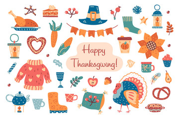 Thanksgiving hand drawn flat vector clipart. Design elements with hat, pumpkin, turkey, sweater, pillow, candlelight, sunflower, kettle, corn, gingerbread, cup, muffin, pumpkin pie and coffee.