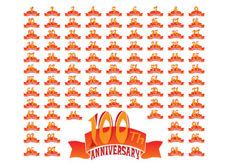 Set of anniversary badges celebrating banners 1 to 100 designs illustration on a white background