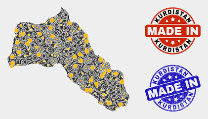 Mosaic gear Kurdistan map and blue Made In scratched stamp. Vector geographic abstraction model for industrial, or patriotic posters. Mosaic of Kurdistan map combined of random gearwheels, wrenches,