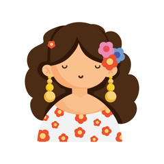 cute woman with earrings and flowers in hair mexico icon