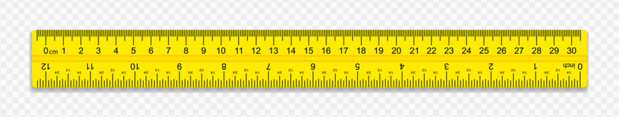 Ruler on transparent background with shadow. The ruler is yellow. Creative vector illustration of realistic colorful rulers isolated on background. Vector illustration.