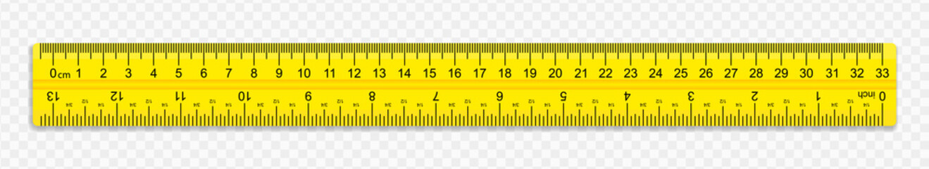 A ruler of yellow color 30 centimeters with shadows isolated on a white background. Measuring tool. School supplies. Vector illustration