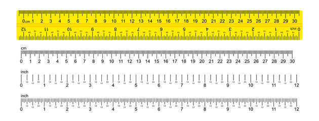 The ruler is yellow, marked in centimeters, inches and combined rectangular shapes. Graduation inch line. Vector graphics - obrazy, fototapety, plakaty