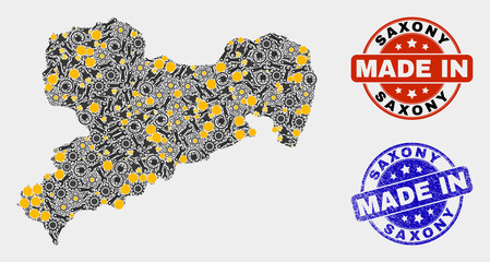 Mosaic technical Saxony Land map and blue Made In textured seal. Vector geographic abstraction model for technical, or patriotic illustrations. Mosaic of Saxony Land map designed from scattered gears,