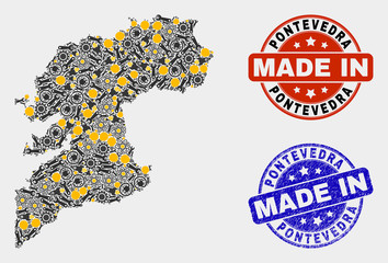 Mosaic industrial Pontevedra Province map and blue Made In grunge stamp. Vector geographic abstraction model for technical, or political posters.