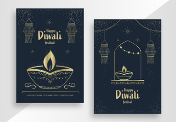 Diwali Festival Poster Layout Set with Gold Elements