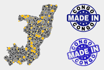 Mosaic gear Republic of the Congo map and blue Made In scratched seal. Vector geographic abstraction model for service, or patriotic illustrations.