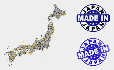 Mosaic industrial Japan map and blue Made In textured seal. Vector geographic abstraction model for industrial, or political illustrations. Mosaic of Japan map composed from scattered wheel, wrenches,