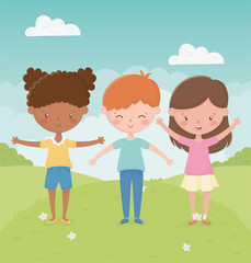 Obraz premium happy childrens day boy and girls in the field