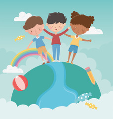 happy childrens day girl and boys standing world