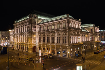 Vienna State Opera, Austria. It was originally called the Vienna Court Opera (Wiener Hofoper). Beautiful wide-angle shot of the building. Night shot with stunning lights. Opened in 1869.