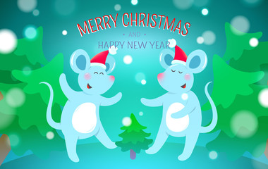 Christmas background with symbols of 2020 new year - cute mouse
