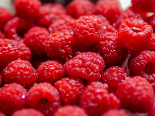 Red fresh juicy raspberry, Close up. Selective focus, Concept fresh fruit, healthy eating, organic produce.