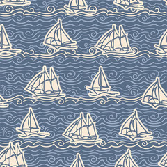 image of white and light blue waves and sailing ships on a blue background. Seamless pattern for wallpaper, textile.