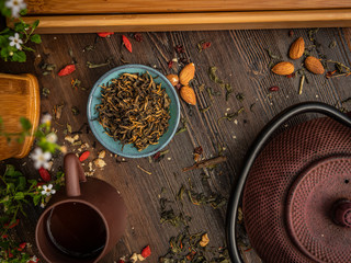 Preparation of the tea ceremony, tea in the bowl. Handmade cups
