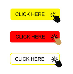 Click here button with hand pointer clicking. Click here web button.