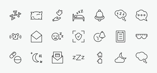 Sleep Vector Line Icons Set. Contains such Icons as Alarm Clock, Bed, Insomnia, Pillow, Sleeping Pills, Bell, Glasses for sleep, Bubble and more. Editable Stroke. 32x32 Pixel Perfect