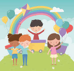 Obraz na płótnie Canvas happy childrens day, girls and boys with toys in the park