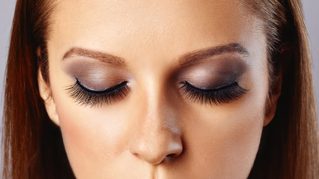 Woman Eyes With Long Eyelashes And Smokey Eyes Make-up. Eyelash Extensions, Makeup, Cosmetics, Beauty