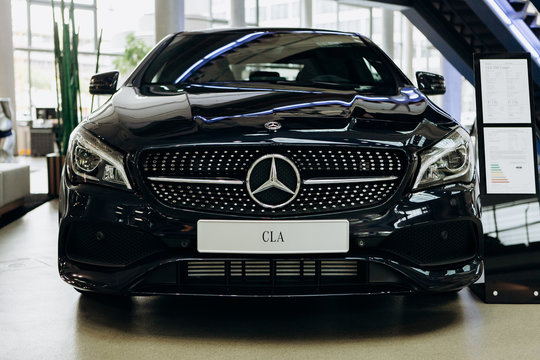 Berlin, August 29, 2018: A close-up of the new black Mercedes-Benz CLA. Exhibition and sale of new cars in the official dealer center Mercedes-Benz in Berlin.