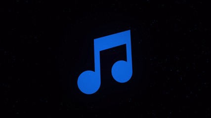 Abstract blue note transforming into flying and swirling particles isolated on black background. Animation. Colorful note icon becoming space dust, music concept.