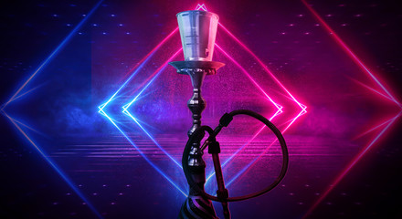 Hookah on a dark background, neon light. Abstract blue and pink neon light smoke background.