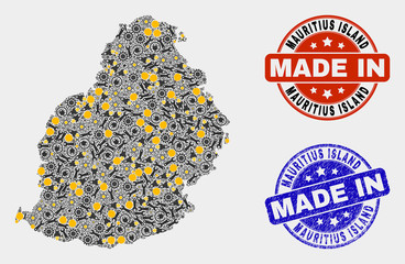 Mosaic gear Mauritius Island map and blue Made In scratched stamp. Vector geographic abstraction model for service, or patriotic posters. Mosaic of Mauritius Island map combined of random gearwheels,