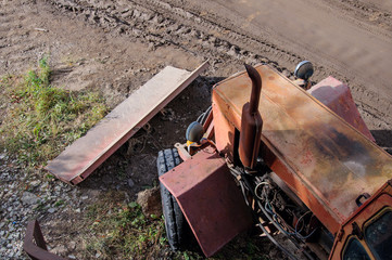 Top view on an old rusting tractor.