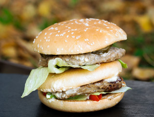 Hamburger on the black stone board
