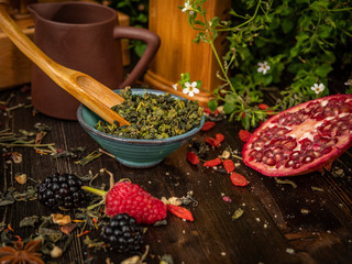 Preparation of the tea ceremony, tea in the bowl. Handmade cups