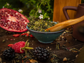 Preparation of the tea ceremony, tea in the bowl. Handmade cups