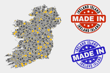 Mosaic industrial Ireland Island map and blue Made In grunge seal. Vector geographic abstraction model for workshop, or political templates.