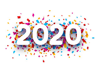2020 new year sign with colorful confetti on white background.