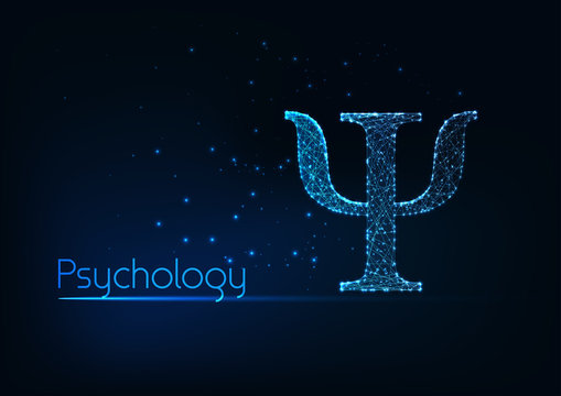 Futuristic glowing low polygonal psi letter, symbol of psychology isolated on dark blue background.
