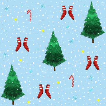 Seamless pattern with christmas tree, Santa socks and christmas candy