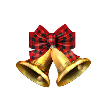 Vector illustration of shiny golden Christmas bells decorated with red bow