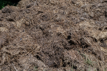 A pile of compost made up of straw and manure in Missouri. Bokeh.