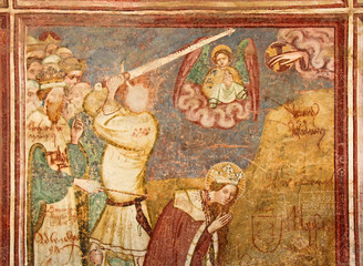 Caterina viene decapitata. Storie di Santa Caterina d'Alessandria; affresco esterno della  chiesa...