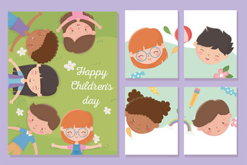 happy childrens day, banners smiling boys and girls faces